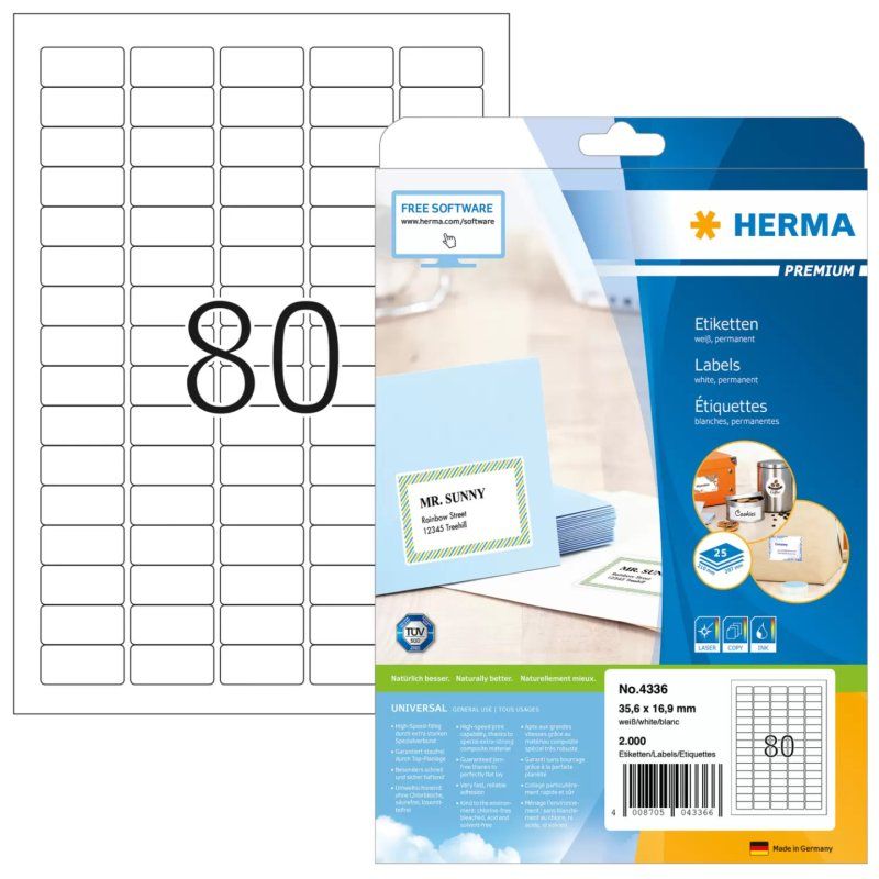 HERMA Étiquettes Premium A4 35.6x16.9 mm, blanches, papier mat, 2000 pcs