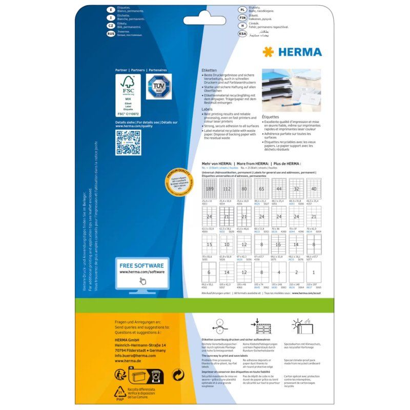 HERMA Labels Premium A4 83.8x50.8 mm white paper matt 250 pcs.