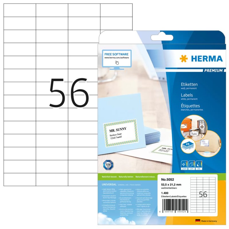 HERMA Etiquette universelle PREMIUM, 52,5 x 21,2 mm, blanc