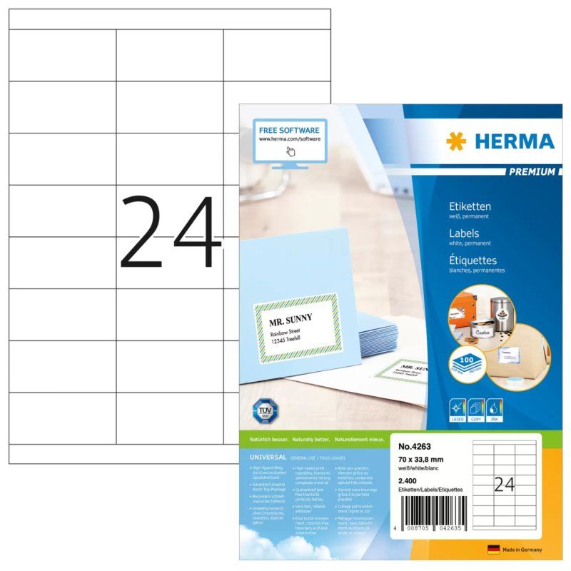 HERMA Étiquettes Premium A4 70x33.8 mm, blanches, papier mat, 2400 pcs