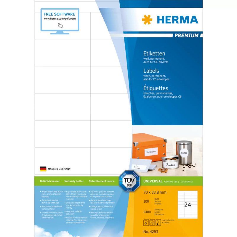 HERMA Étiquettes Premium A4 70x33.8 mm, blanches, papier mat, 2400 pcs