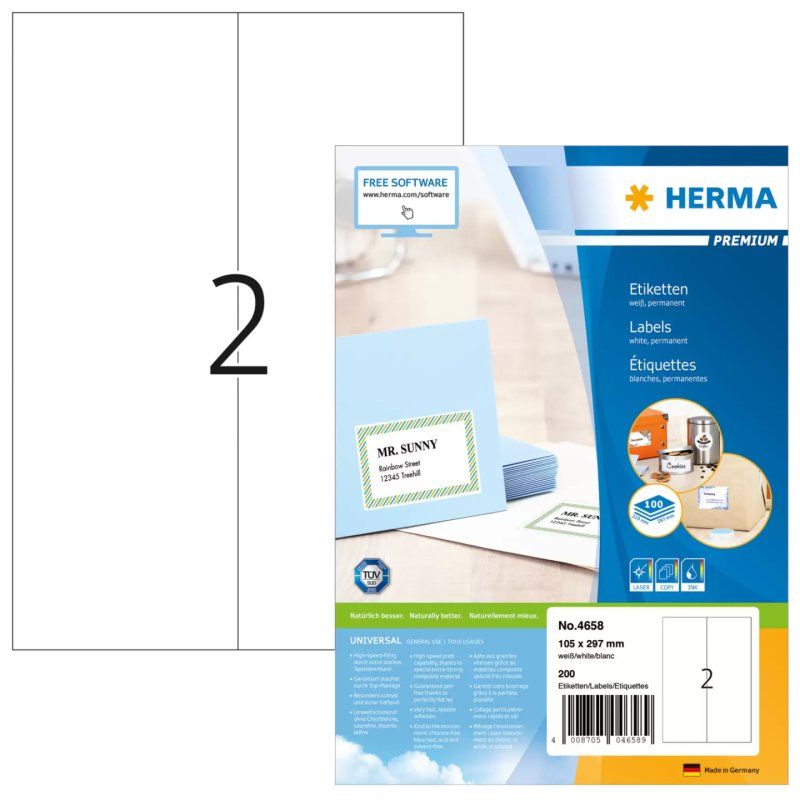 HERMA Etiquette universelle PREMIUM, 105 x 297 mm, blanc