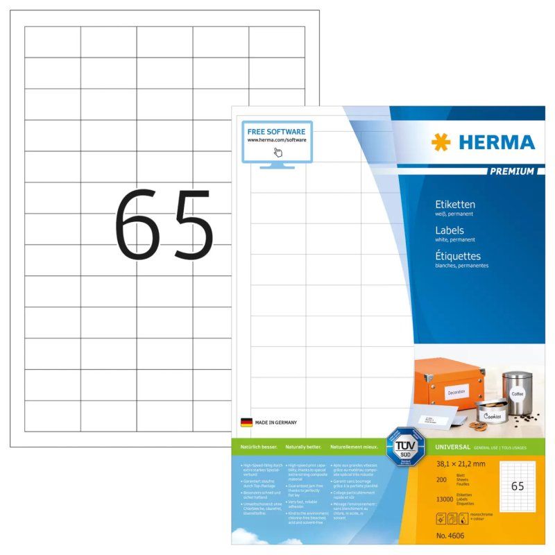 HERMA Labels Premium A4 38.1x21.2 mm white paper matt 13000 pcs.