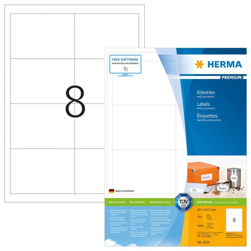 HERMA 4624 étiquette auto-collante Rectangle Permanent Blanc 1600 pièce(s)