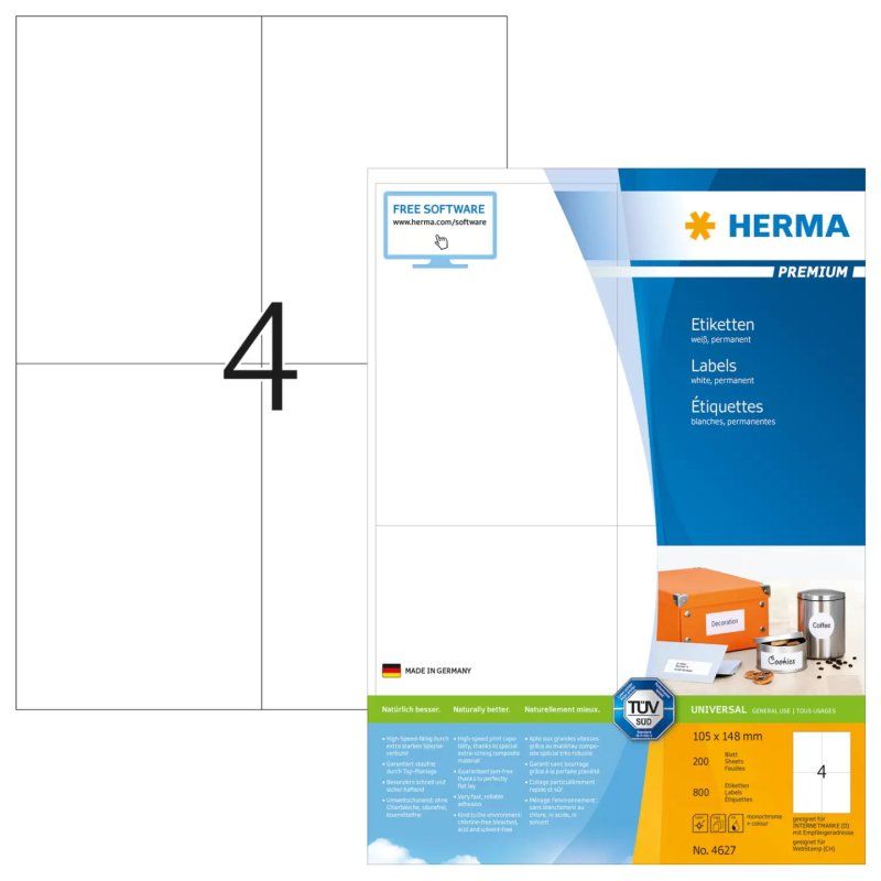 HERMA 4627 étiquette auto-collante Rectangle Permanent Blanc 800 pièce(s)
