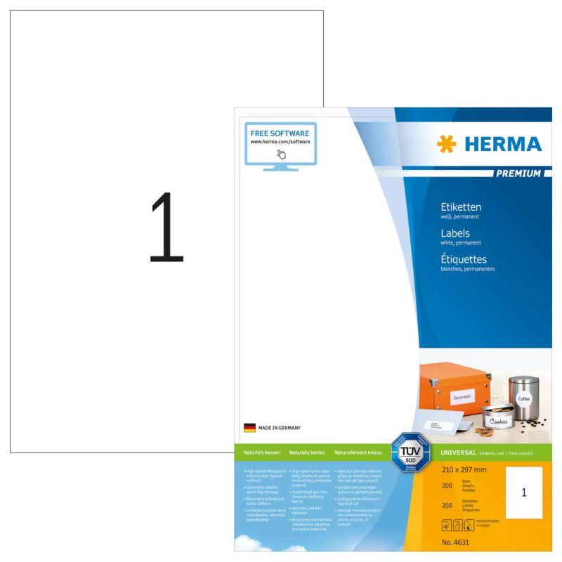 HERMA Labels Premium A4 210x297 mm white paper matt 200 pcs.