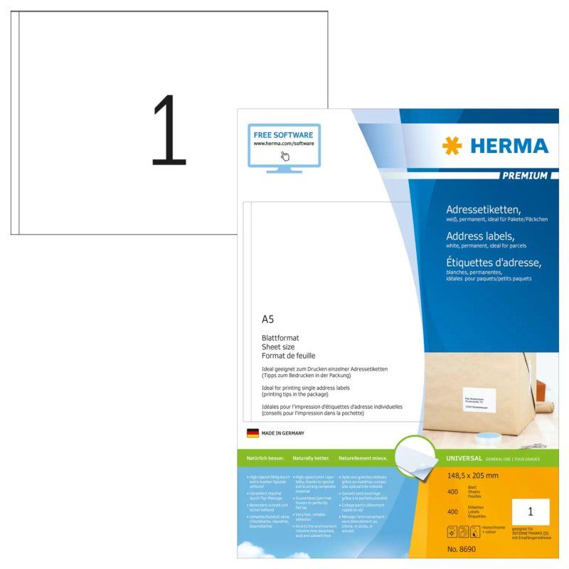 HERMA Etiquette universelle PREMIUM, 148,5 x 205 mm, blanc