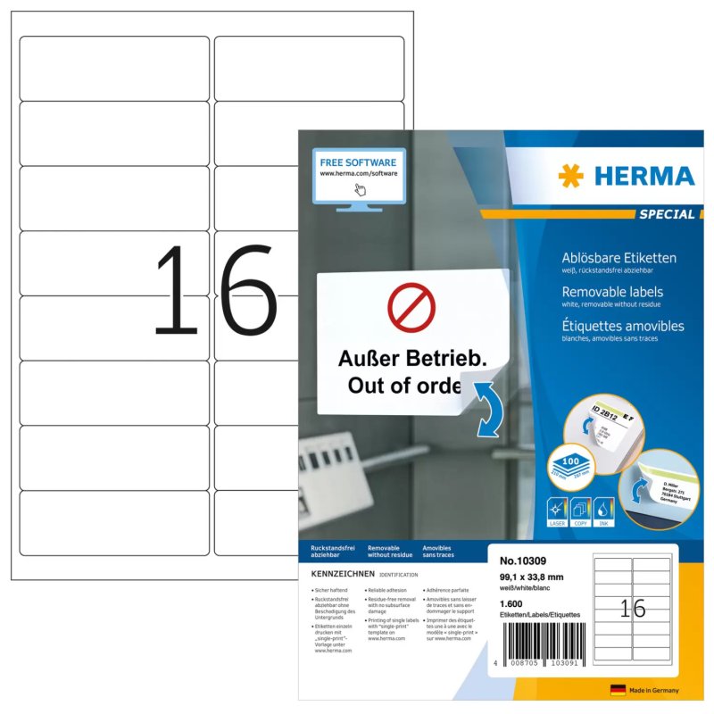 HERMA 10309 étiquette auto-collante Rectangle aux angles arrondis Amovible Blanc 1600 pièce(s)
