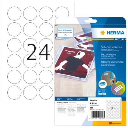 HERMA Étiquettes de sécurité A4 Ø 40 mm rondes, blanches, extrêmement adhésives, film mat, 600 pcs