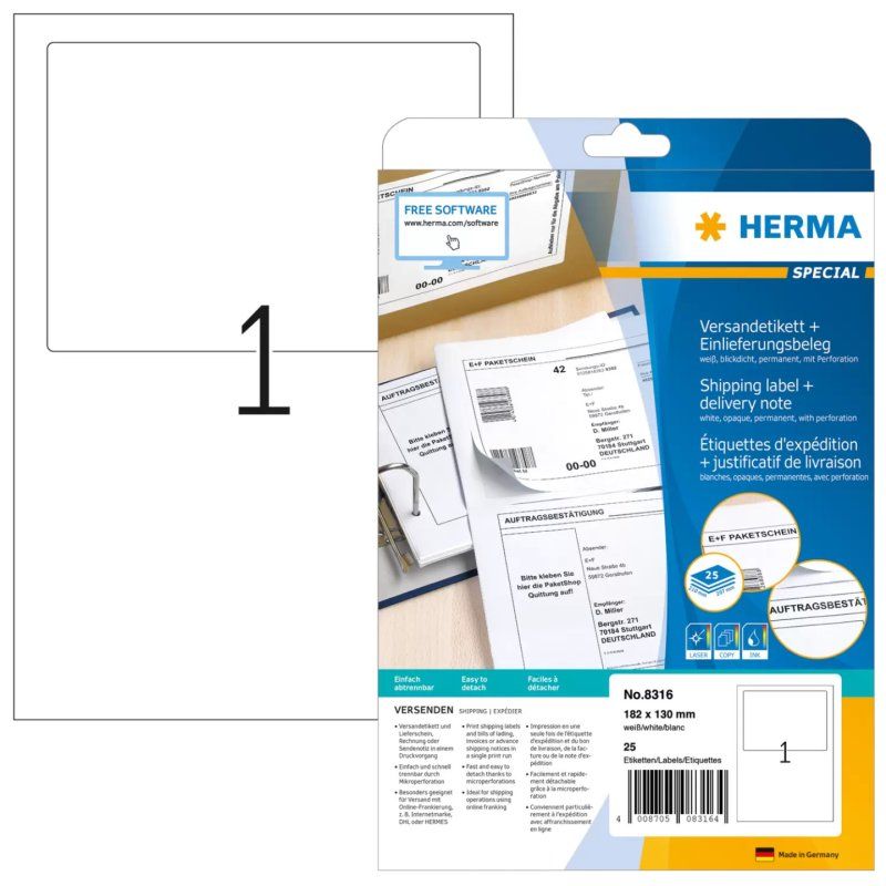 HERMA Shipping label delivery note A4 182x130 mm white paper matt opaque 25 pcs.
