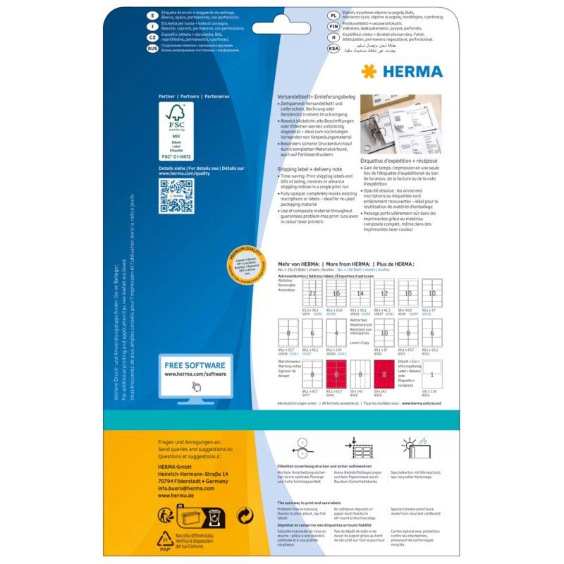 HERMA Shipping label delivery note A4 182x130 mm white paper matt opaque 25 pcs.