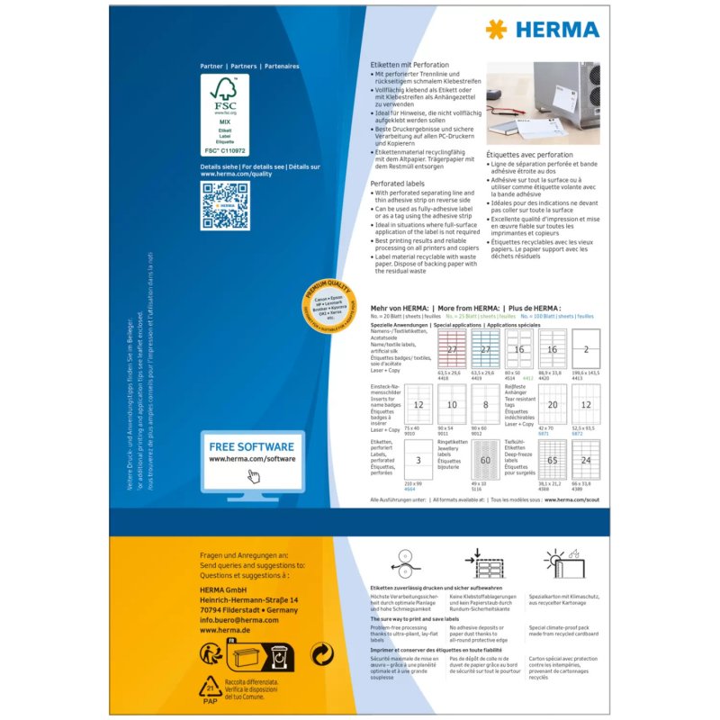 HERMA Labels A4 210x99 mm white perforated paper matt 300 pcs.