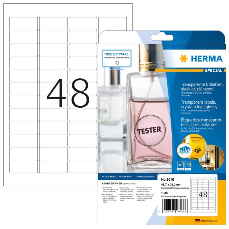 HERMA Labels transparent crystal-clear A4 45.7x21.2 mm transparent clear film glossy 1200 pcs.