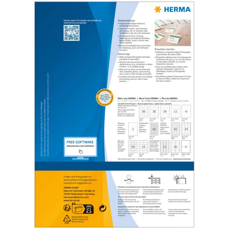 HERMA 8047 étiquette non-adhésive 600 pièce(s) Blanc Rectangle