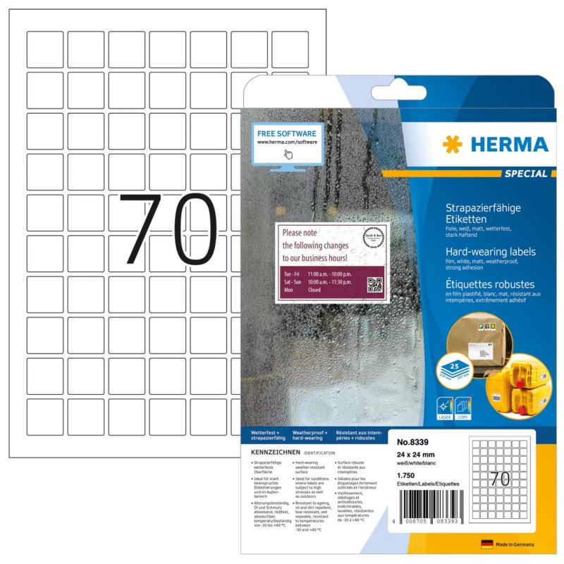 HERMA Labels hard-wearing A4 24x24 mm white strong adhesion film matt weatherproof 1750 pcs.