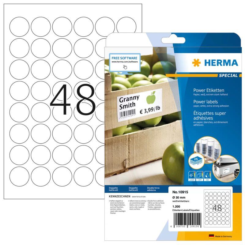 HERMA Labels A4 Ø 30 mm round white extra strong adhesion paper matt 1200 pcs.