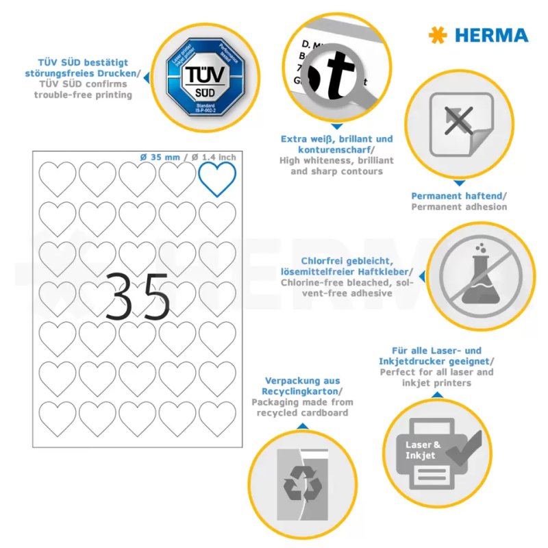 HERMA Étiquette en forme de coeur, diamètre: 35 mm, blanc