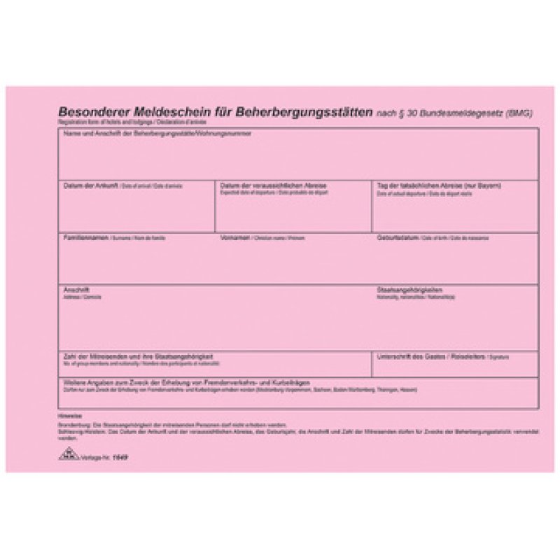 RNK Verlag Meldeschein für Beherbergungsstätten, DIN A5