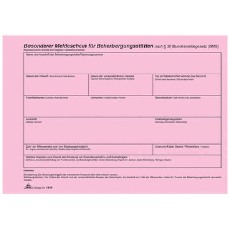RNK Verlag Meldeschein für Beherbergungsstätten, DIN A5