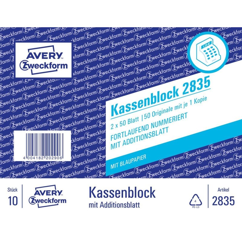 AVERY Zweckform Formularbuch "Kassenblock", 2 x 50 Blatt