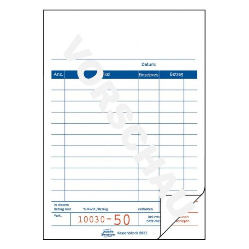 AVERY Zweckform Formularbuch "Kassenblock", 2 x 50 Blatt