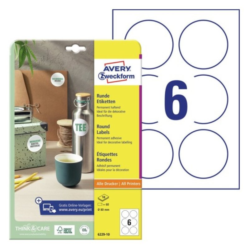 Avery 6229-10 étiquette auto-collante Rond Permanent Blanc 60 pièce(s)