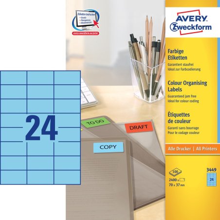 Avery Etiquette couleur, bleu, 70,0 x 37,0 mm, Adhésif permanent