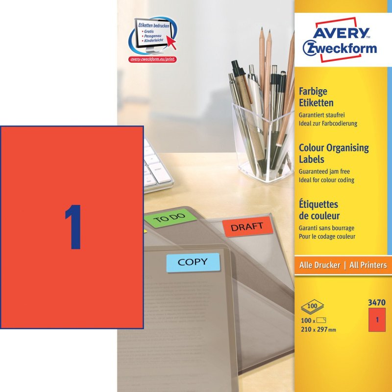 Avery Coloured Labels, Red, 210 x 297 mm