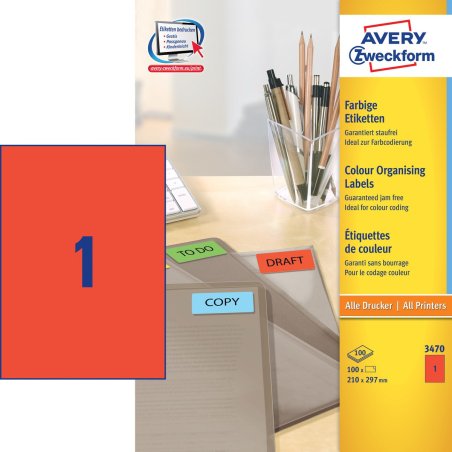 Avery Coloured Labels, Red, 210 x 297 mm