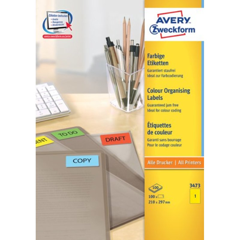 Avery Coloured Labels, Yellow, 210 x 297 mm