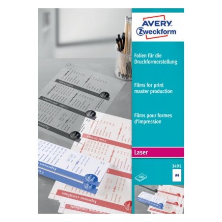 Avery 3491 printing film Laser A4 (210×297 mm) Polyester Transparent 100 sheets