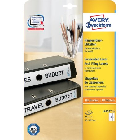 Avery Etiquette dos de classeur, blanc, 63,0 x 297,0 mm, Adhésif permanent