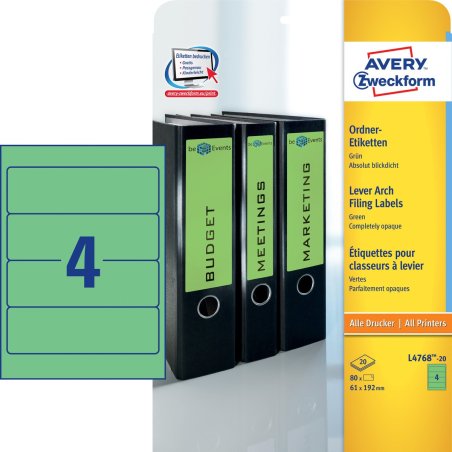 Avery Etiquette dos de classeur, vert, 192,0 x 61,0 mm, Adhésif permanent