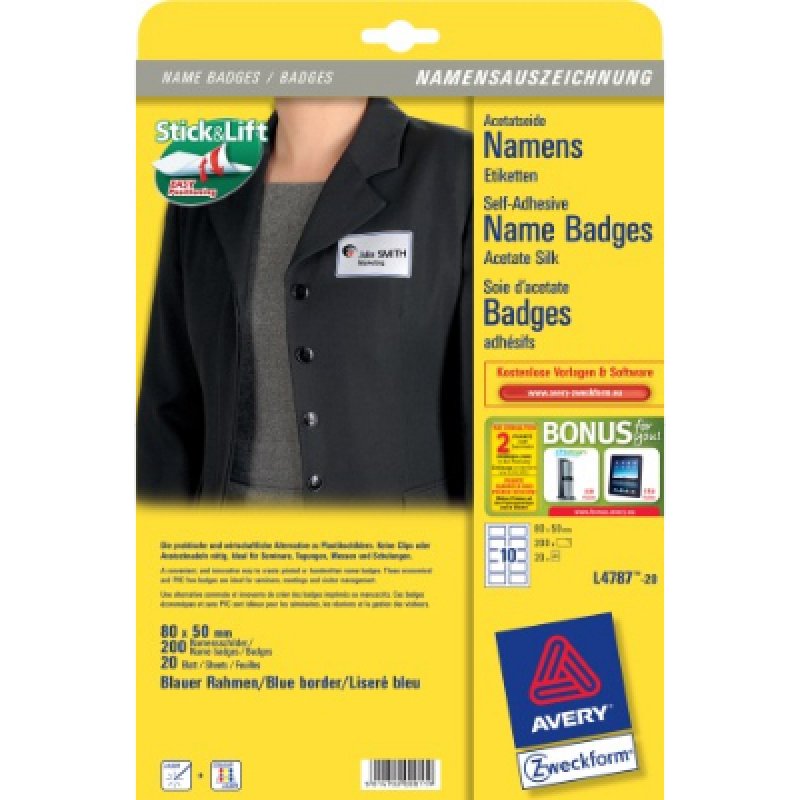 AVERY Zweckform Etiquettes pour badges, 80 x 50 mm, bleu