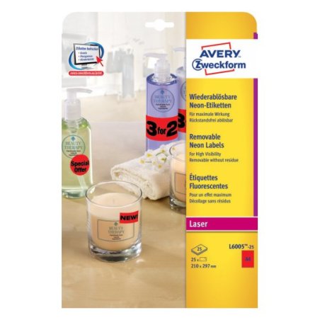 Avery L6005-25 self-adhesive label Rounded rectangle Removable Red 25 pc(s)