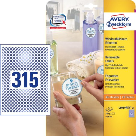 Avery L6019REV-25 self-adhesive label Circle Removable White 7875 pc(s)