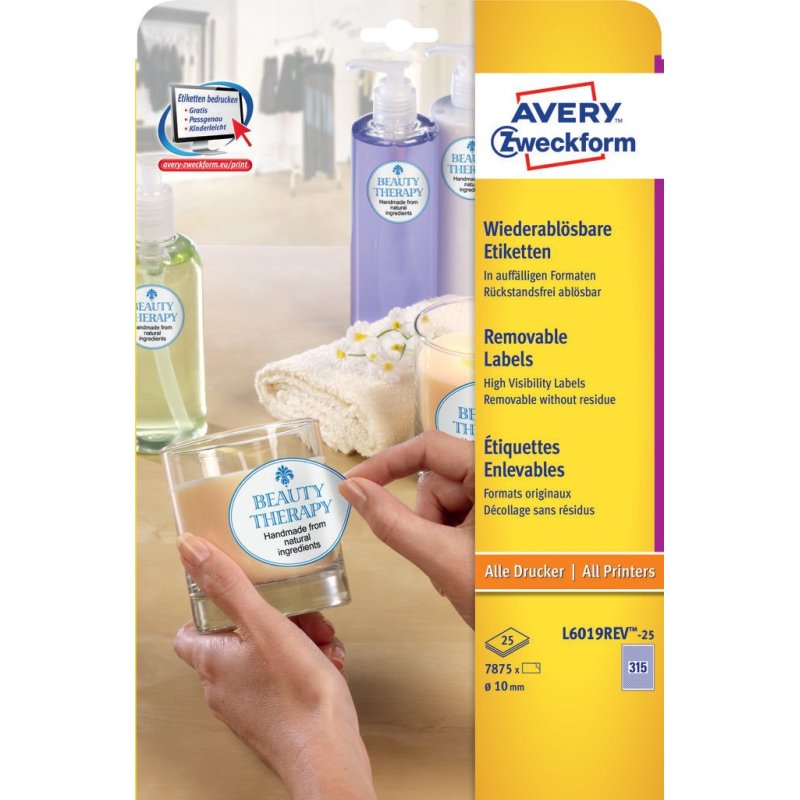 Avery L6019REV-25 self-adhesive label Circle Removable White 7875 pc(s)