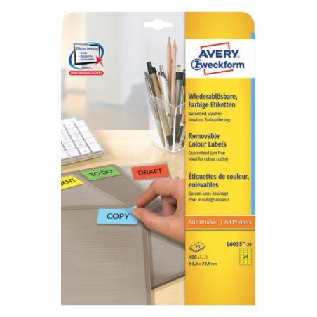 Avery L6035-20 étiquette auto-collante Rectangle aux angles arrondis Amovible Jaune 480 pièce(s)