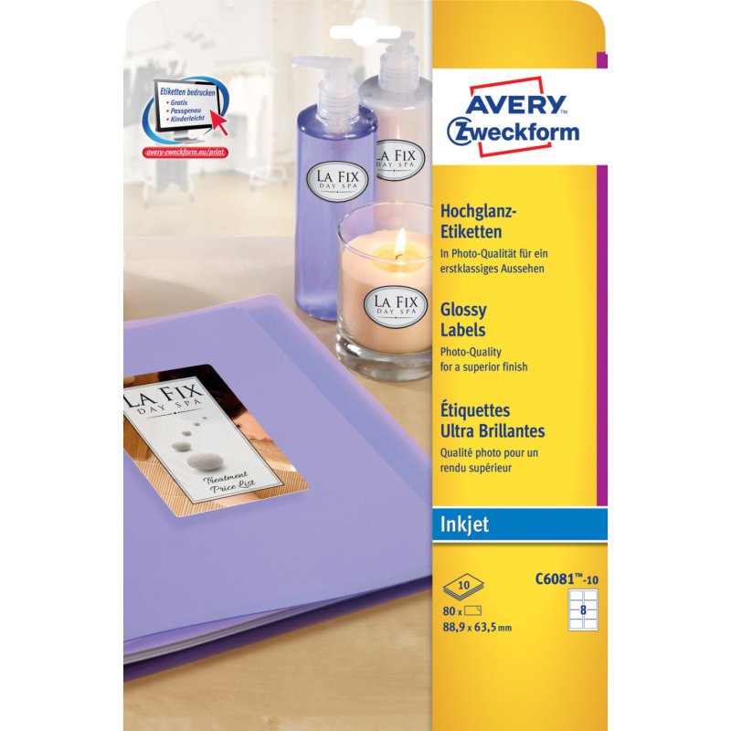 Avery Glossy labels, rectangular, white, Inkjet, permanent, 88.9 x 63.5 mm