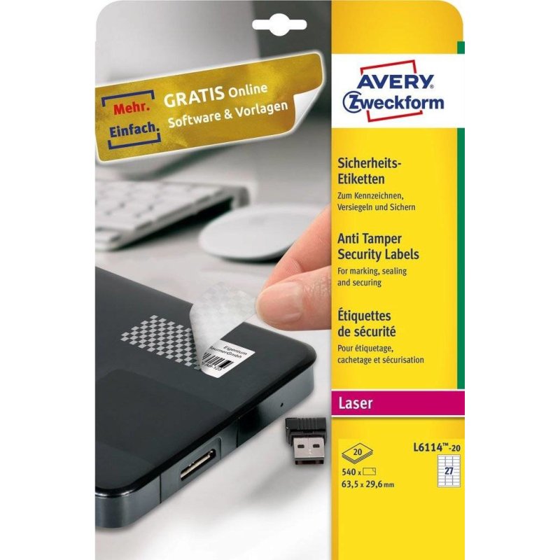 Avery L6114-20 étiquette auto-collante Rectangle aux angles arrondis Permanent Blanc 540 pièce(s)