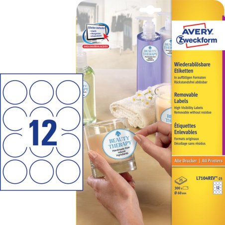 Avery L7104REV-25 self-adhesive label Circle Permanent White 300 pc(s)