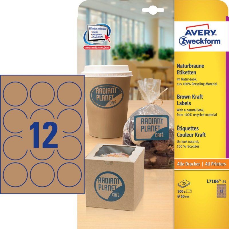 Avery L7106-25 self-adhesive label Circle Permanent Brown 300 pc(s)