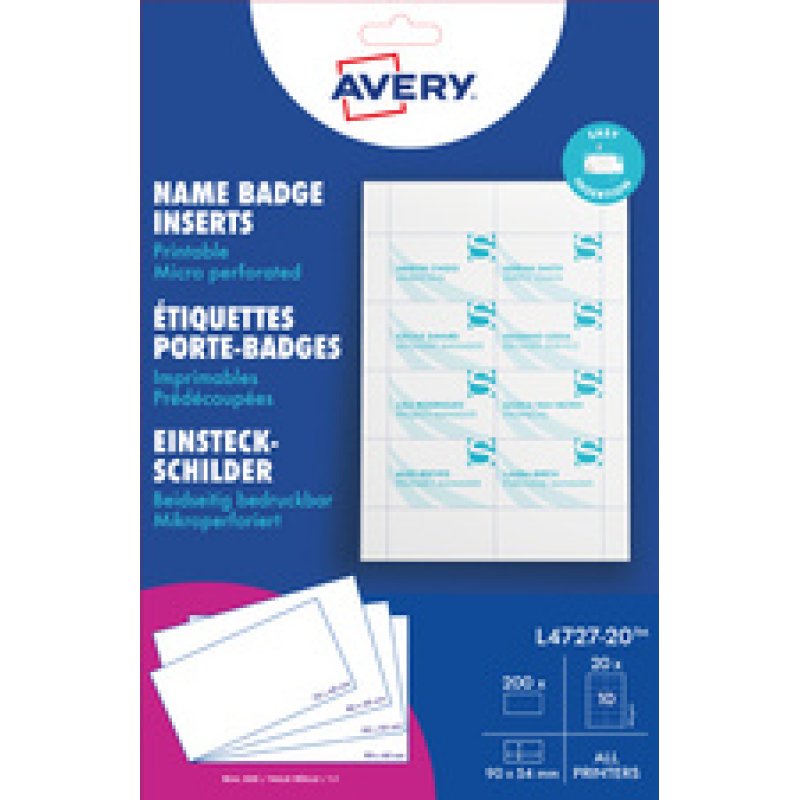 AVERY Insert imprimable pour badge, 86 x 55 mm, blanc