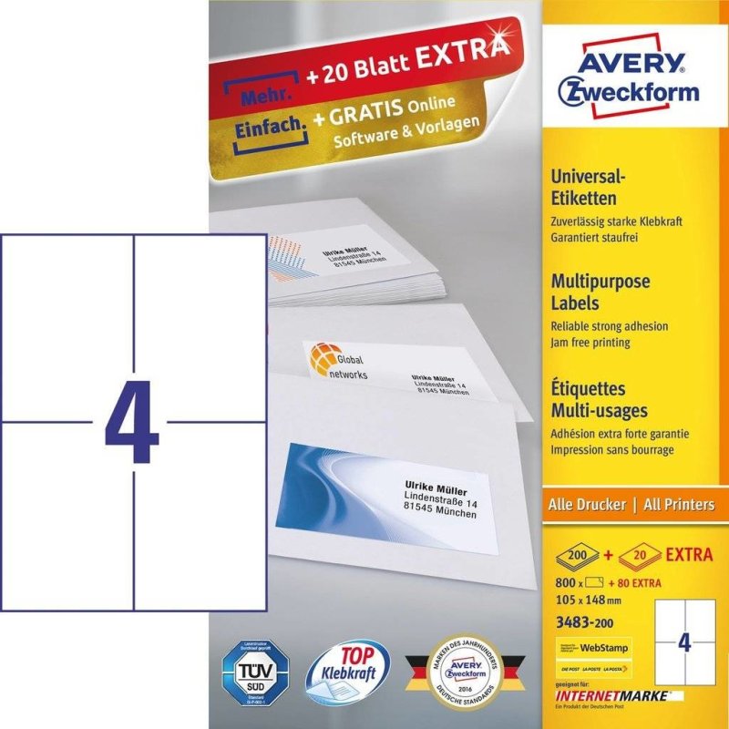 Avery 3483-200 étiquette auto-collante Rectangle Permanent Blanc 880 pièce(s)