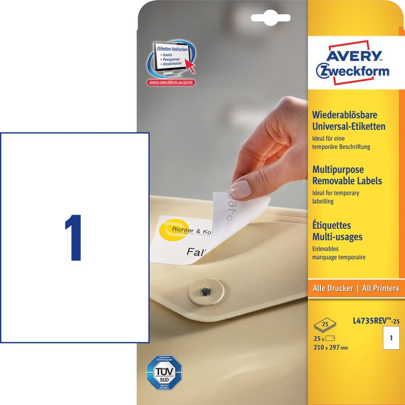 Avery Removable Labels, 210 x 297 mm