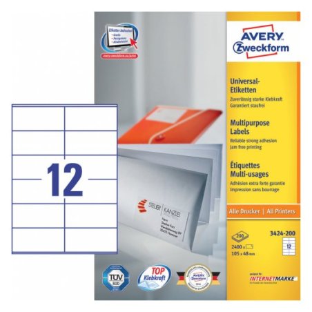 Avery 3424-200 étiquette auto-collante Rectangle Permanent Blanc 2400 pièce(s)