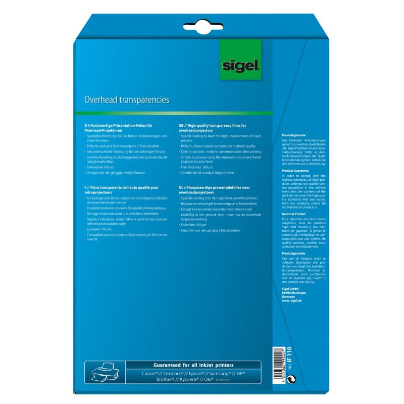 Sigel IF110 film d'impression Jet d'encre A4 (210×297 mm) Transparent 10 feuilles