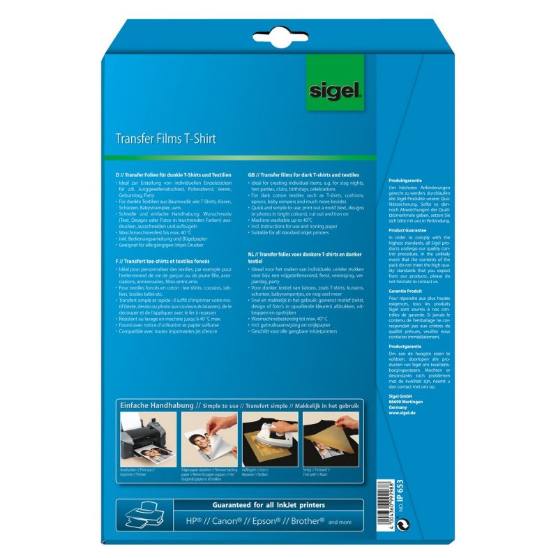 sigel Film de transfert jet d'encre, pour textiles foncés
