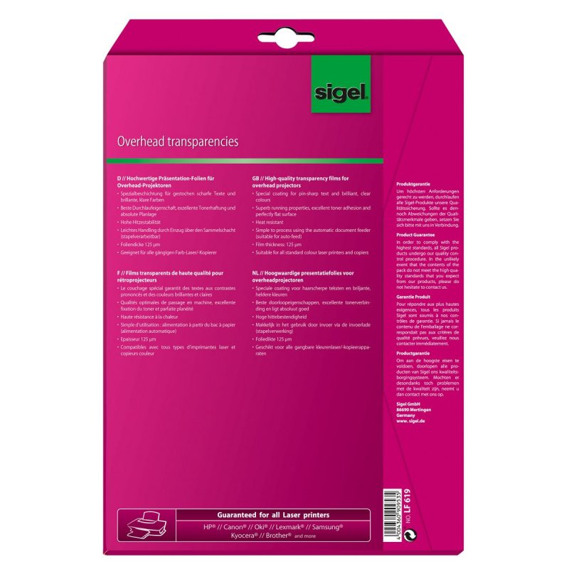 Sigel LF619 printing film Laser A4 (210×297 mm) Transparent 20 sheets