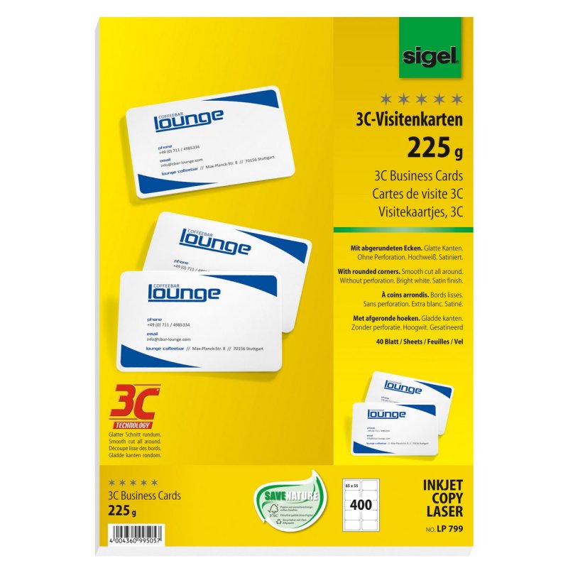 sigel Cartes de visite, 85 x 55 mm, 225 g/m2, extra blanc
